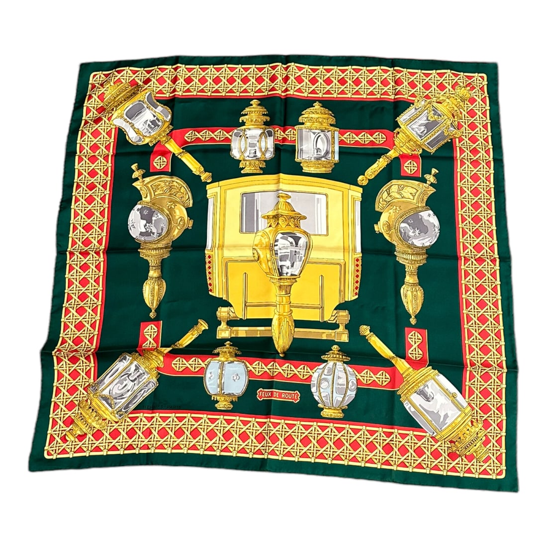 Hermes Feux De Route Vintage 90cm Green Red Silk Scarf: About This Piece: Authentic and rare, this Hermes "Feux De Route" scarf is a vintage gem. Fashioned from sumptuou