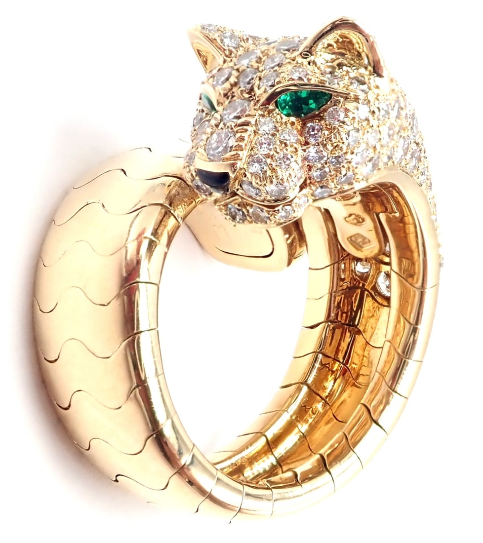 Cartier Panther 18k Yellow Gold Diamond Emerald Onyx Band Ring: About This Piece: