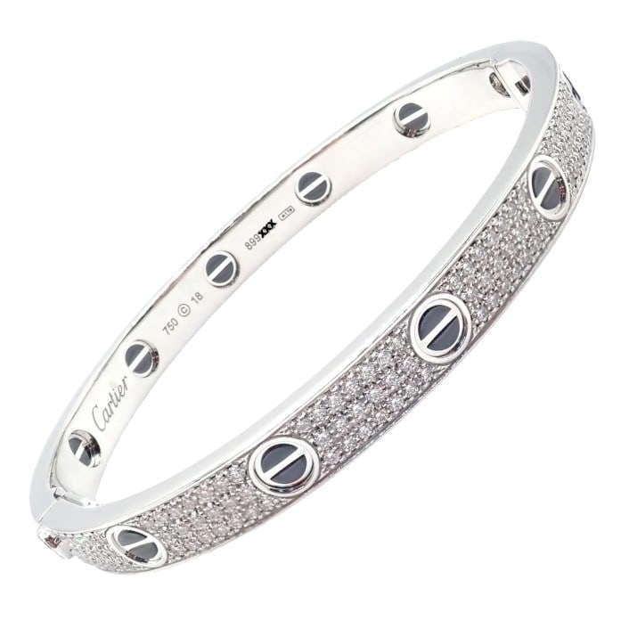 Cartier Love 18k White Gold Diamond Pave Ceramic Bracelet Sz 18 Paper: About This Piece: Authentic Cartier Love bracelet in 18k white gold, featuring brilliant diamond pave and sleek ceramic screw motifs.