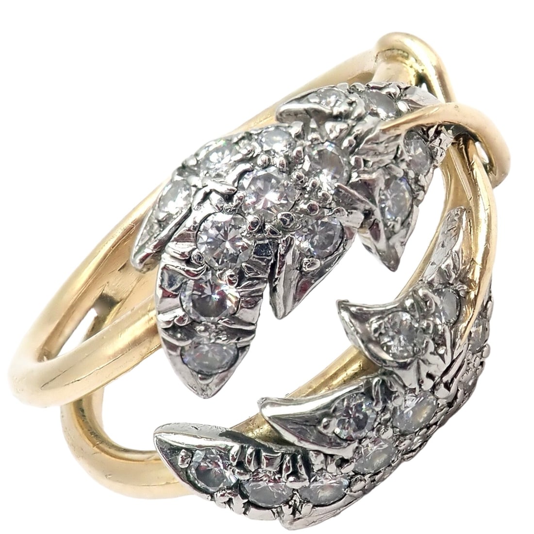 Tiffany & Co. Schlumberger Diamond Yellow Gold Platinum Two Leaf Ring: About This Piece: The Authentic Tiffany & Co. Schlumberger Diamond Yellow Gold Platinum Two Leaf Ring epitomizes elegance and artistry.