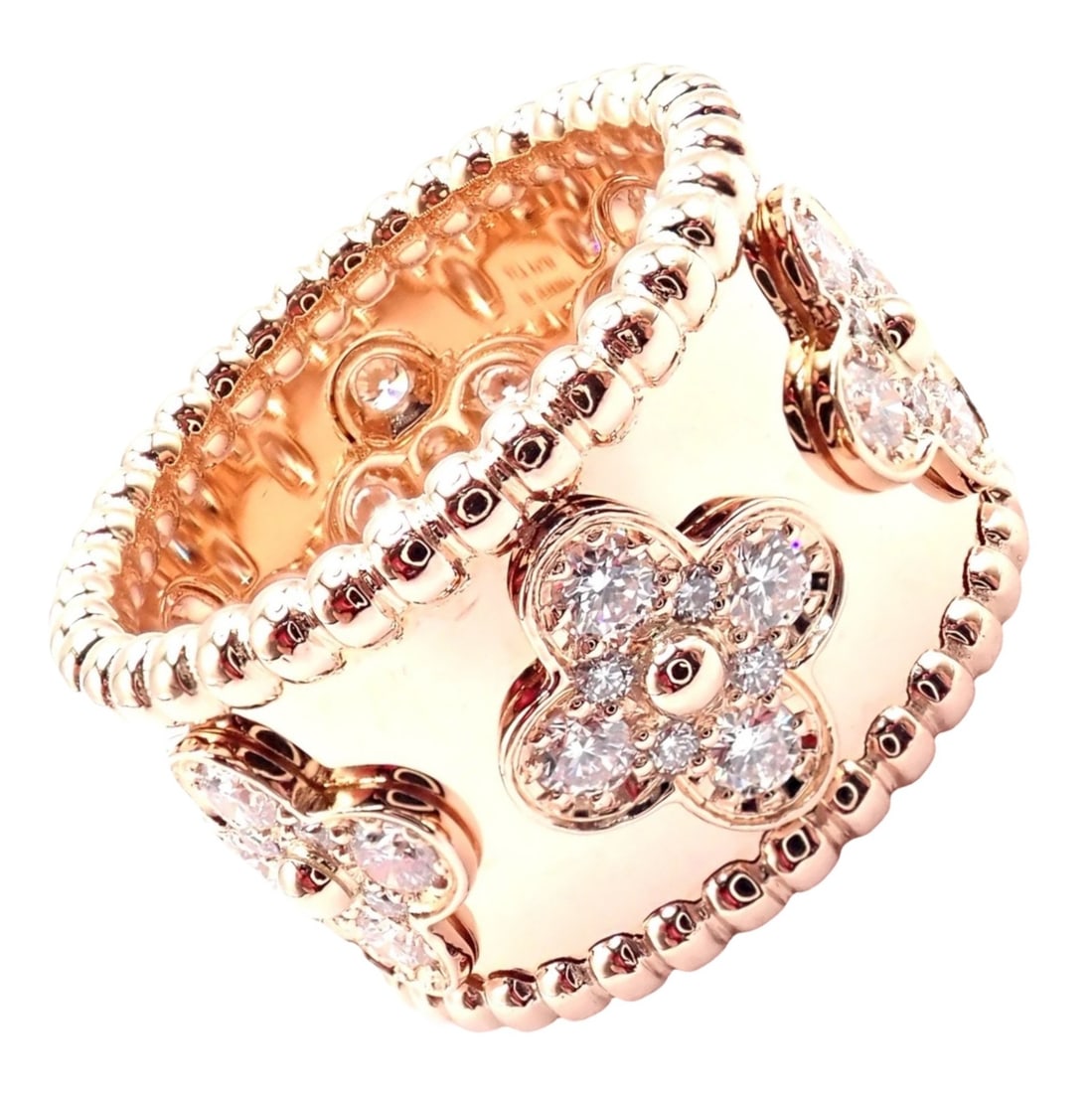Van Cleef & Arpels 18k Rose Gold Diamond Clovers Band Ring Size 50: About This Piece: This authentic Van Cleef & Arpels band ring in 18k rose gold features signature diamond clover motifs, elegantly set in