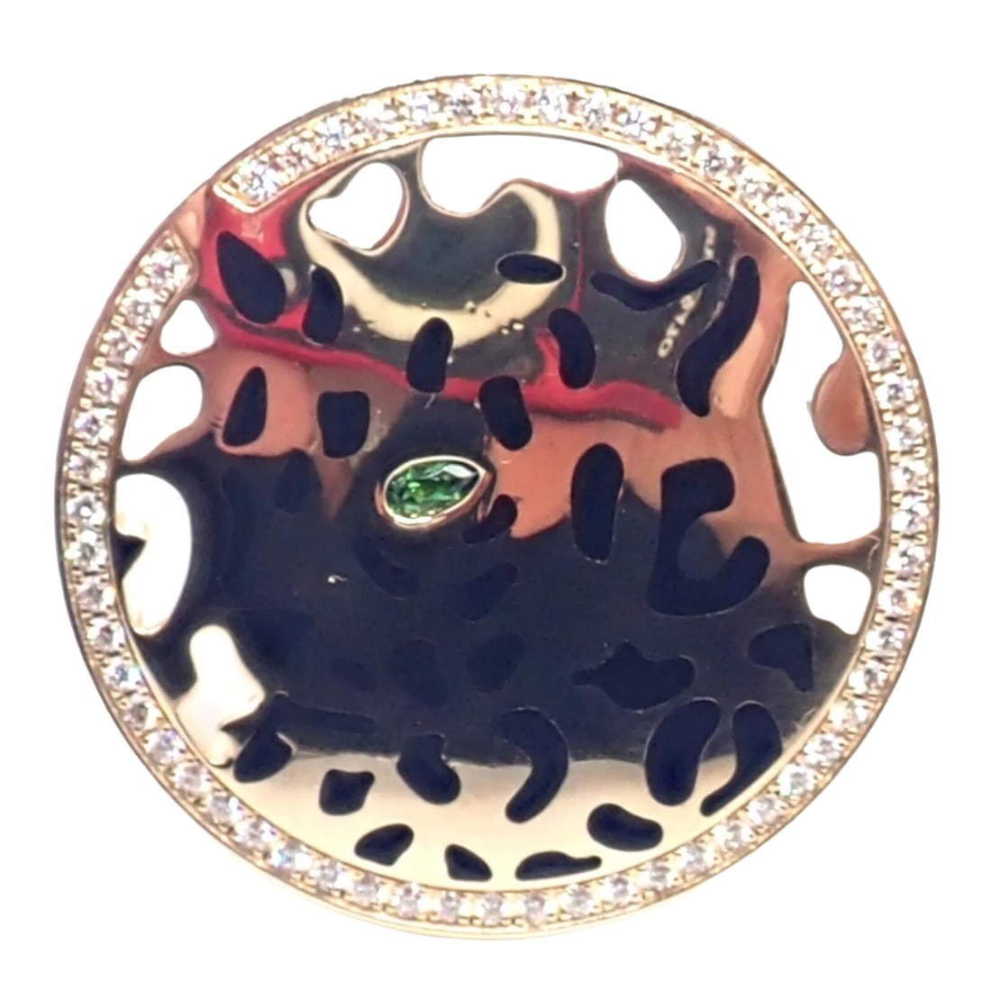 Cartier Panther 18k Yellow Gold Diamond Lacquer Tsavorite Ring: About This Piece: The Cartier Panther Disc 18k Yellow Gold Diamond Lacquer Tsavorite Ring features an exquisite panther motif, highlighted