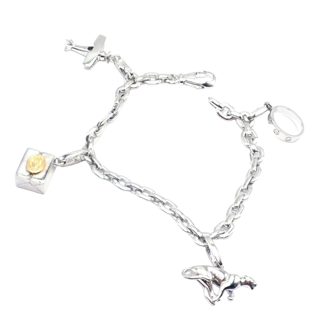 Cartier 18k White Gold 4 Charm Panther Airplane Love Box Link Bracelet: About This Piece: The Cartier 18k White Gold Bracelet features four charms: a panther, an airplane, a Love motif, and a box link design.</