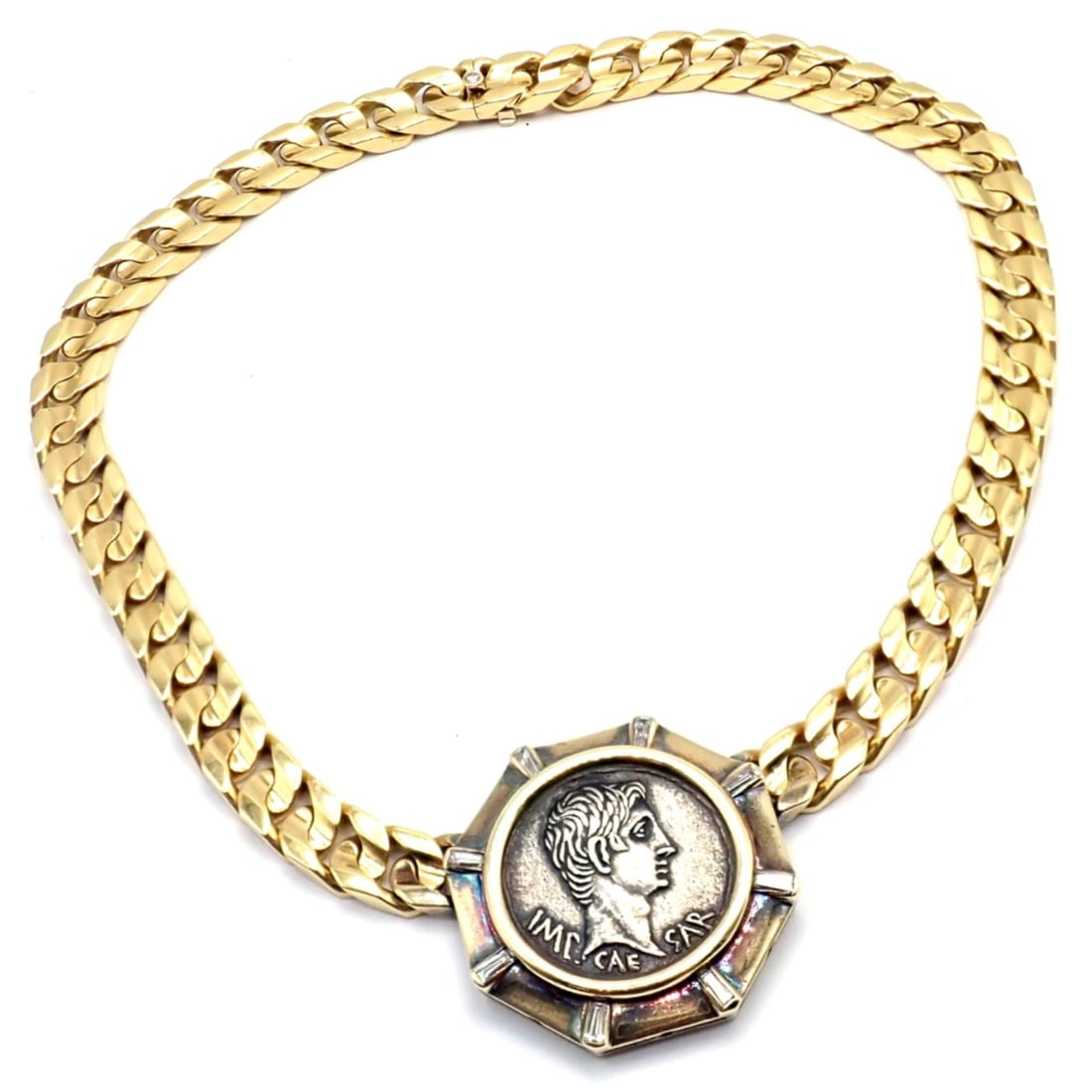 Bvlgari Bulgari 18k Yellow Gold Diamond Monete Antique Coin Link Necklace: About This Piece: The Bvlgari Bulgari 18k Yellow Gold Diamond Monete Antique Coin Link Necklace is a masterpiece combining history and lux