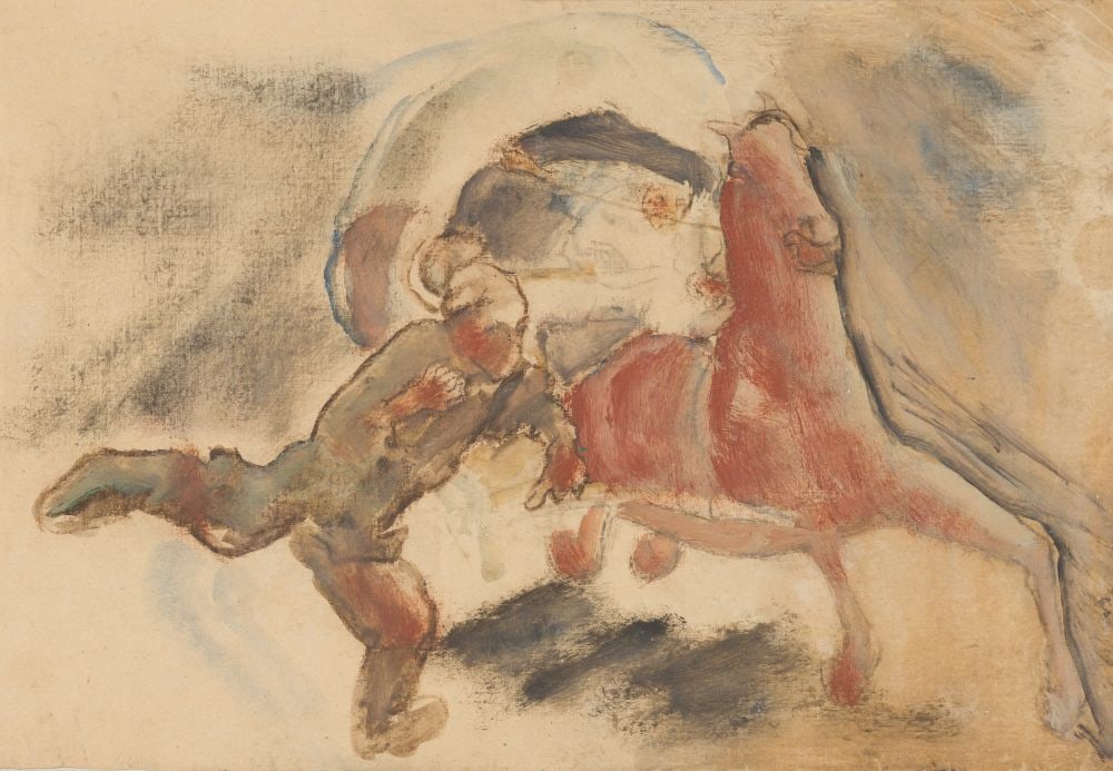 Velim, Anton: Fleeing Horses tempera on paper 23,6 x 17,7 in framed Directly from the artist's estate. Anton Velim, who was initially active in Art Nouveau, focused primarily on the depiction of working people and