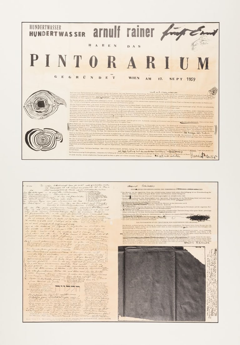 Rainer, Arnulf/ Hundertwasser, Friedensreich: Pintorarium (set of 2) offset lithography each signed 34,2 x 24,4 in / 39,3 x 37,6 in This poster documents the short-term collaboration of Friedensreich Hundertwasser, Arnulf Rainer and Ernst Fuchs.