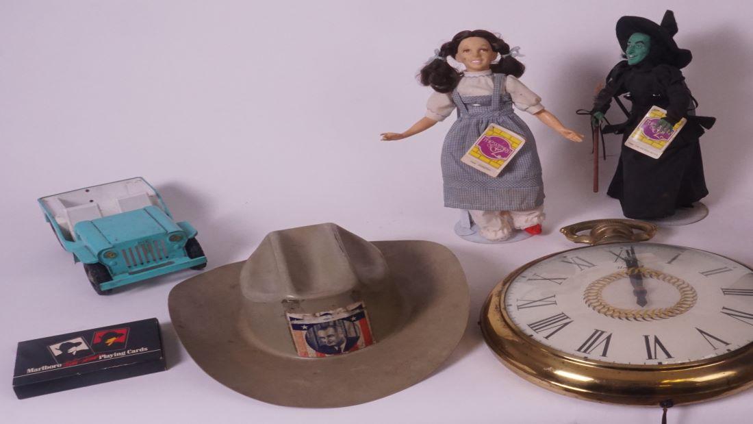 Misc Box of collectible tonka truck, LBJ campaign hat, wizard of oz dorthy and witch (1 of 3)