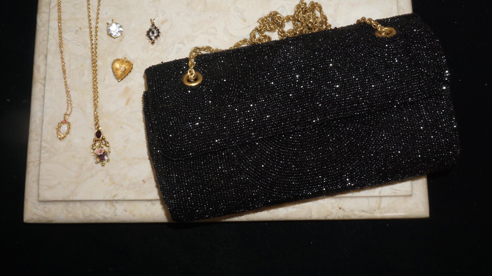 Lot of Misc Vintage Costume Jewelry including: fancy Evening Bag & Jewelry Gold, Pearl & Black (1 of 2)