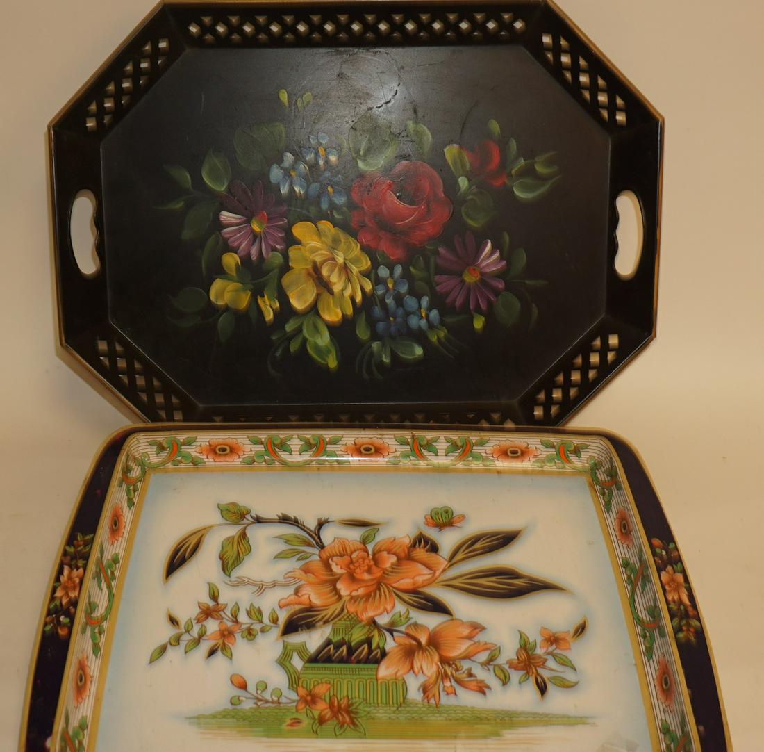 2 Serving Trays 1. Toleware 20" x 15" 2. English enameled 17.5" x 13.5" (1 of 4)