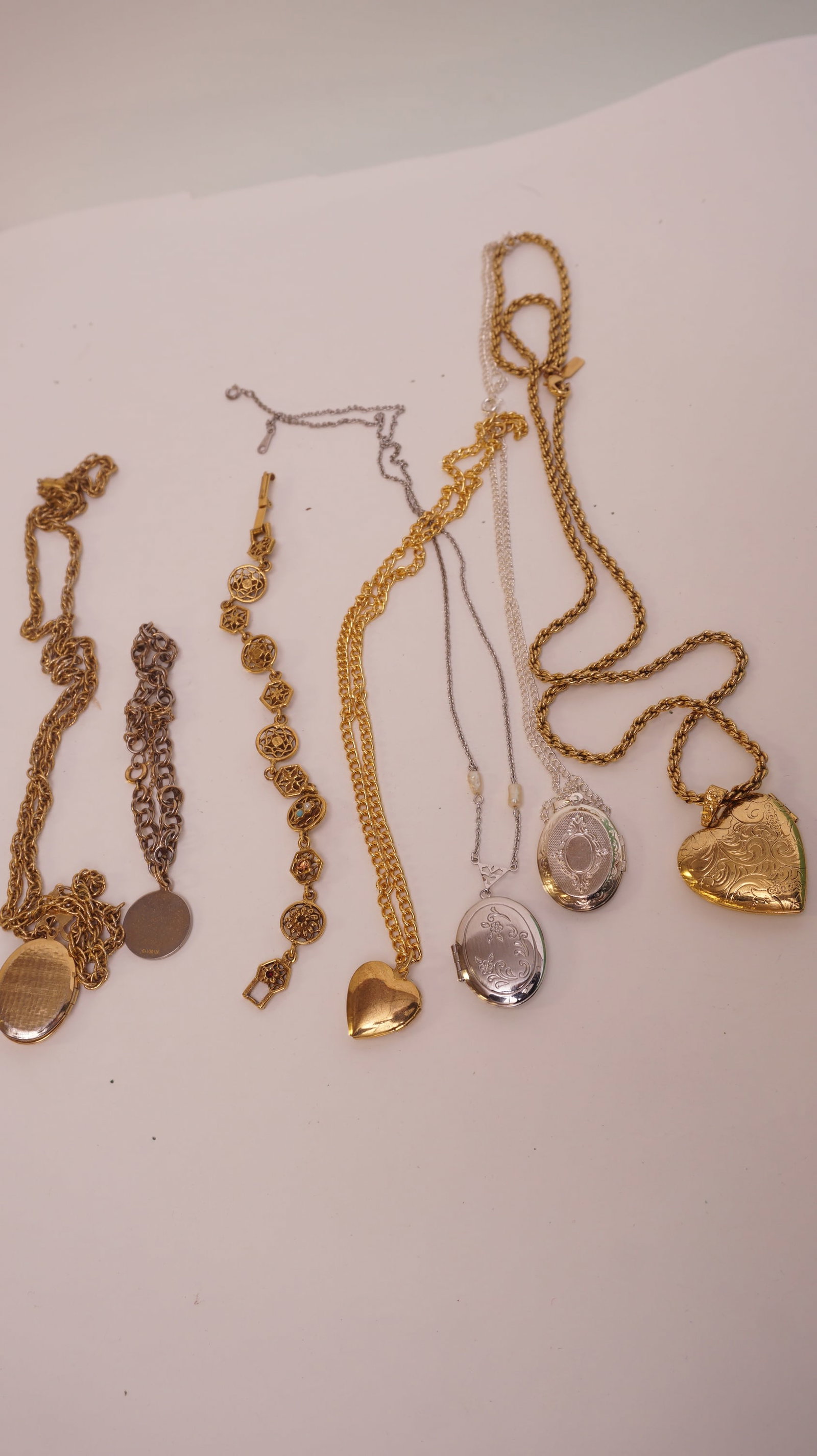 LOCKETS of all sorts in various Sizes, Shapes and Depictions: Lot of Miscelaneous Gold & Silver TONE Locket Necklaces & Pendants Various Shapes, styles & Lenghths