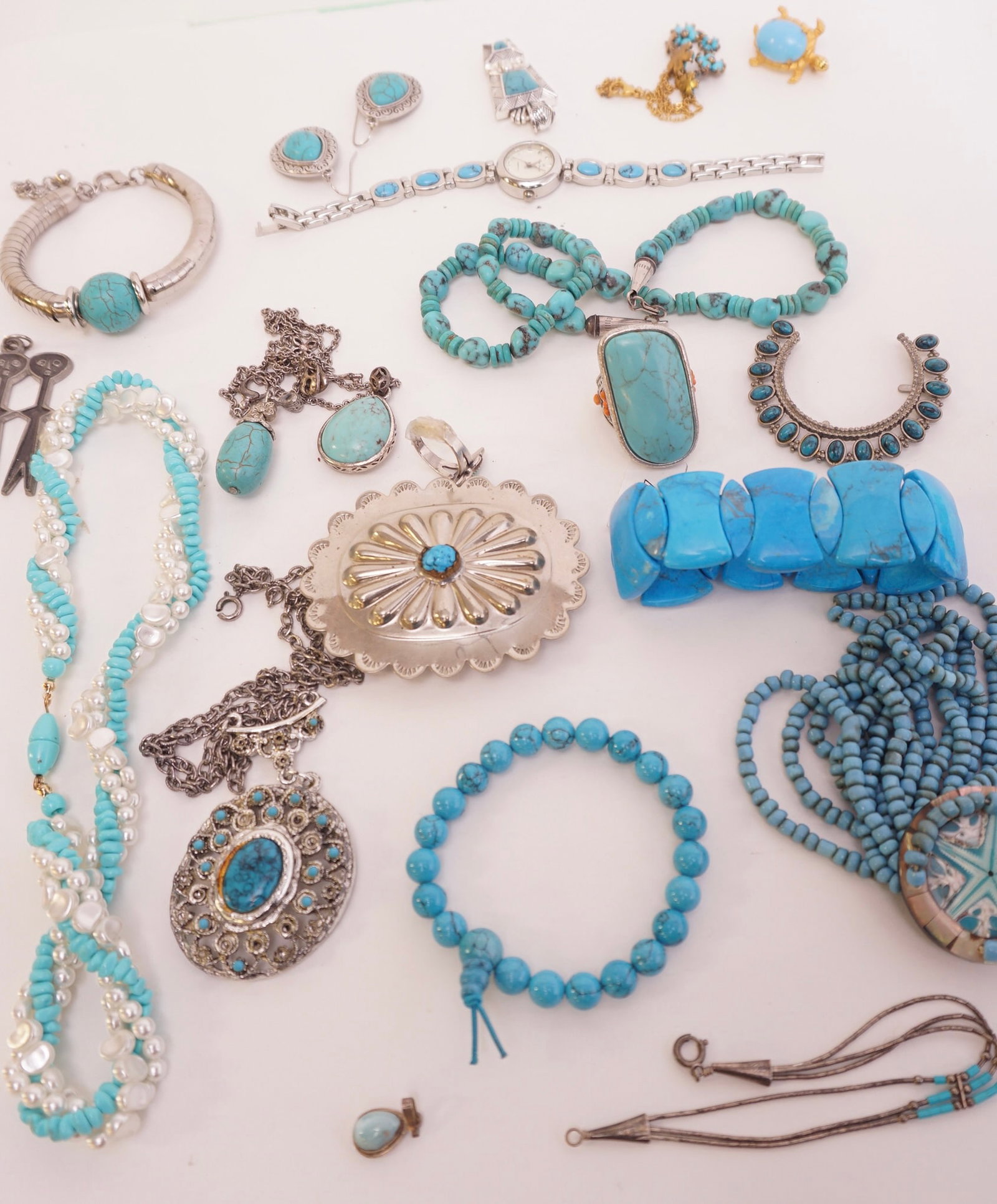 Turquoise Costume Jewelry Assortment Various Styles, Shapes and Depictions: Turquoise Costume Jewelry Assortment Various Styles, Shapes and Depictions. This collection includes: Bracelets, Earrings, Necklaces, Pendants, Brooches /Pins & Rings