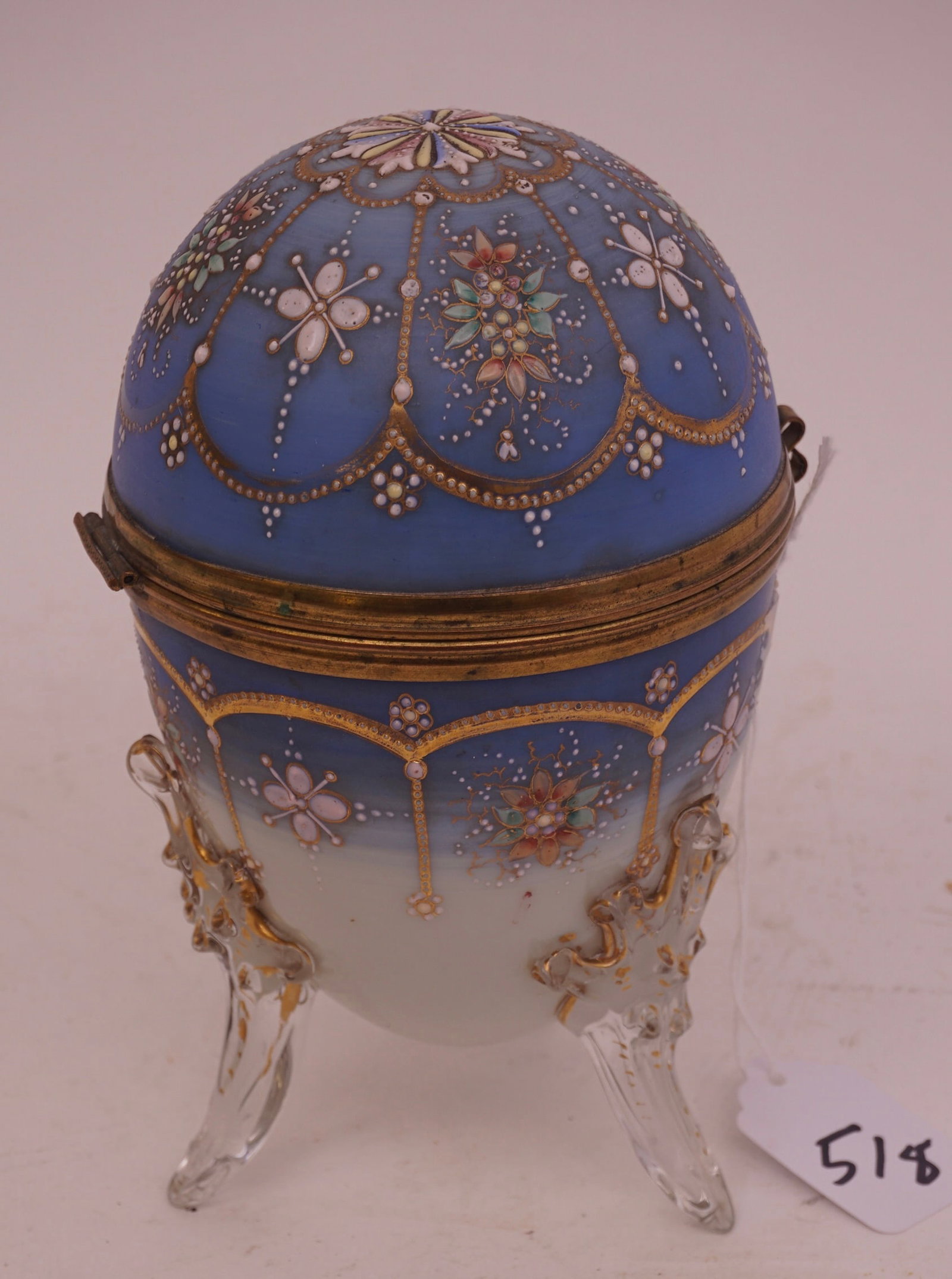 Victorian Enambeled Glass Egg Dresser Box: Victorian Enambeled Glass Egg Dresser Box measures 3.5" Diameter 7" High