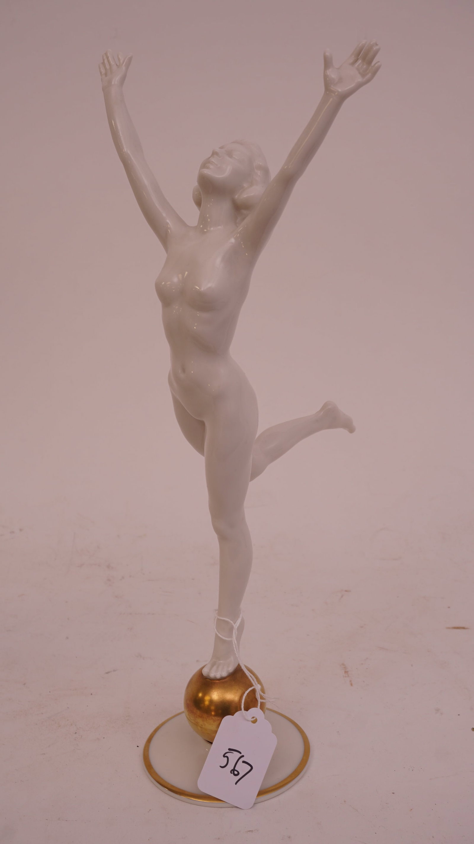 HUTSCHENREUTHERFigurine Nude Dancer on Gold Ball: HUTSCHENREUTHERFigurine Nude Dancer on Gold BallHUTSCHENREUTHERFigurine Nude Dancer on Gold Ball 13.5" High
