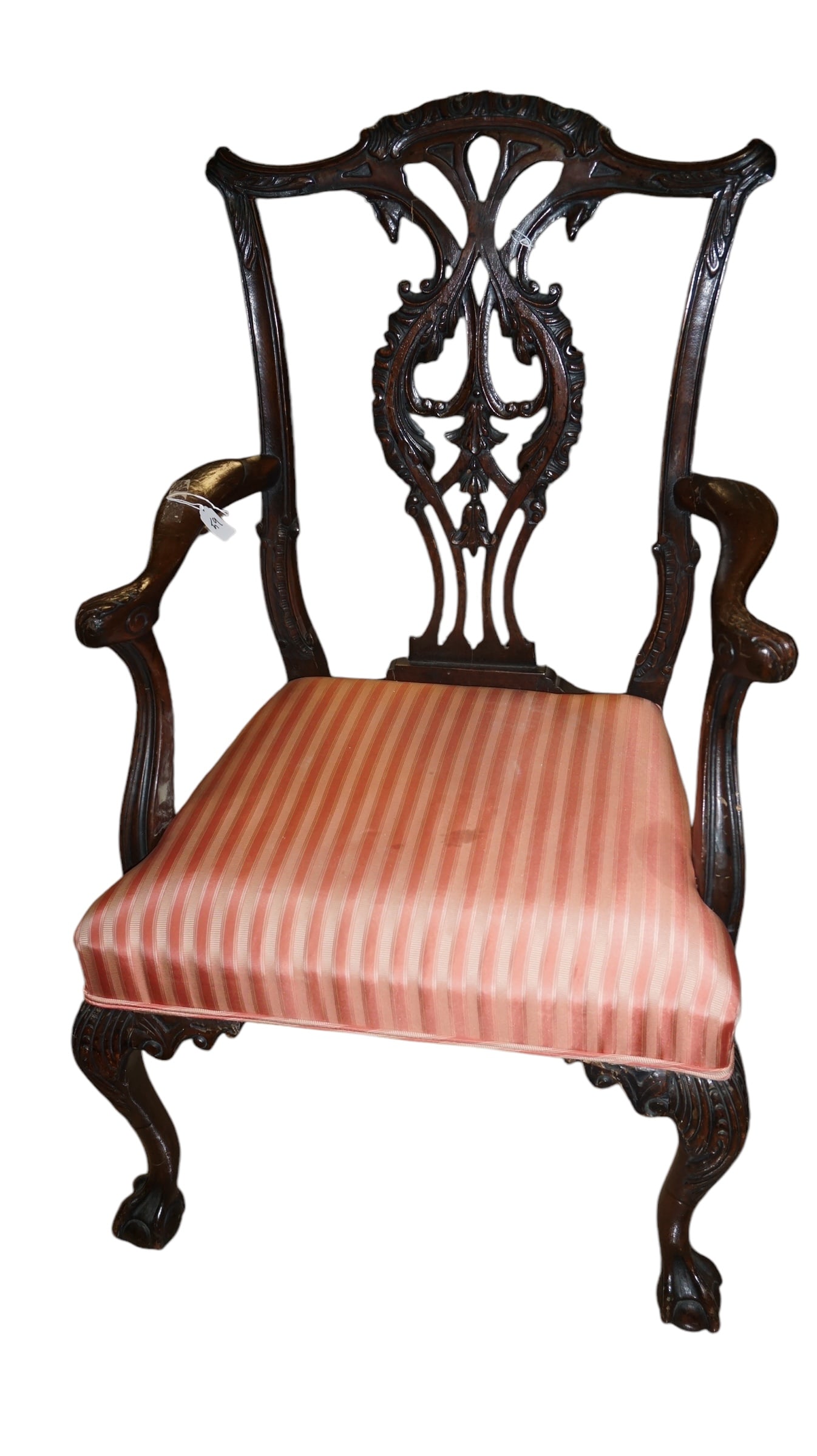 Arm Chair Antique 19th Century Chippendale style: Carved mahogany Chippendale style Arm Chair 19th Century measures 24"w x 41"d x 40.5"h