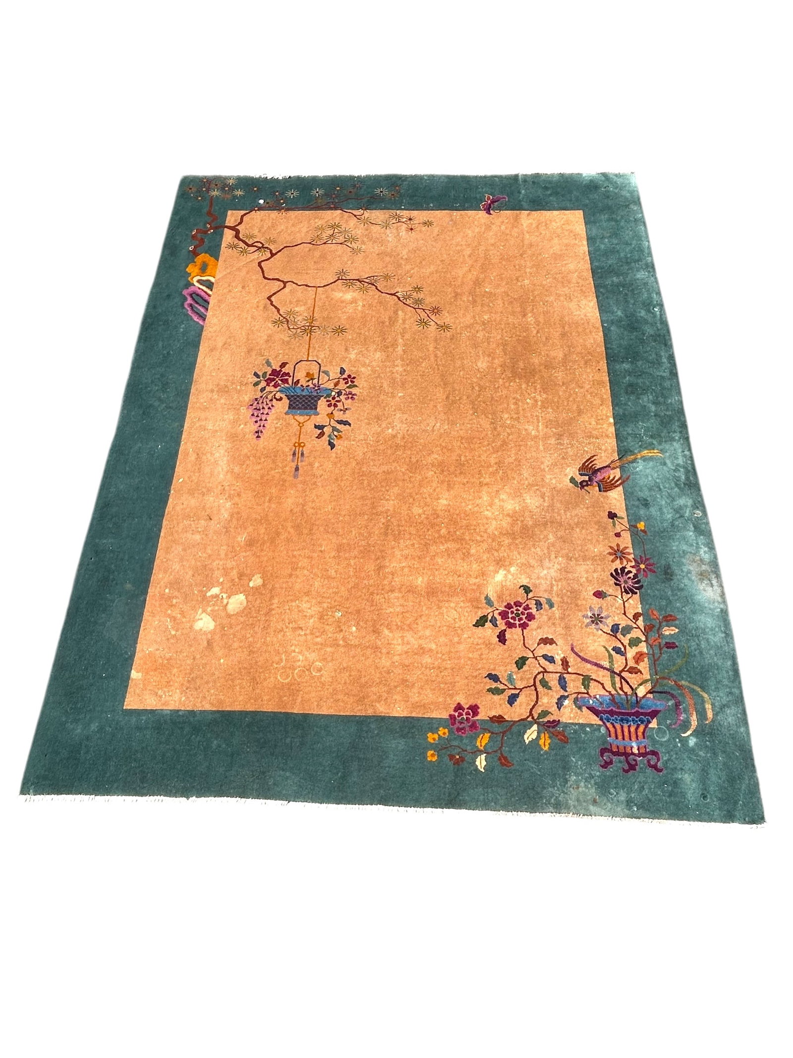 Antique Art Deco Chinese Rug: Elevate your living space with this Antique Art Deco Chinese Rug. This remarkable piece showcases are harmonious blend of stylized baskets, graceful branches, and delicate birds, meticulously crafted 