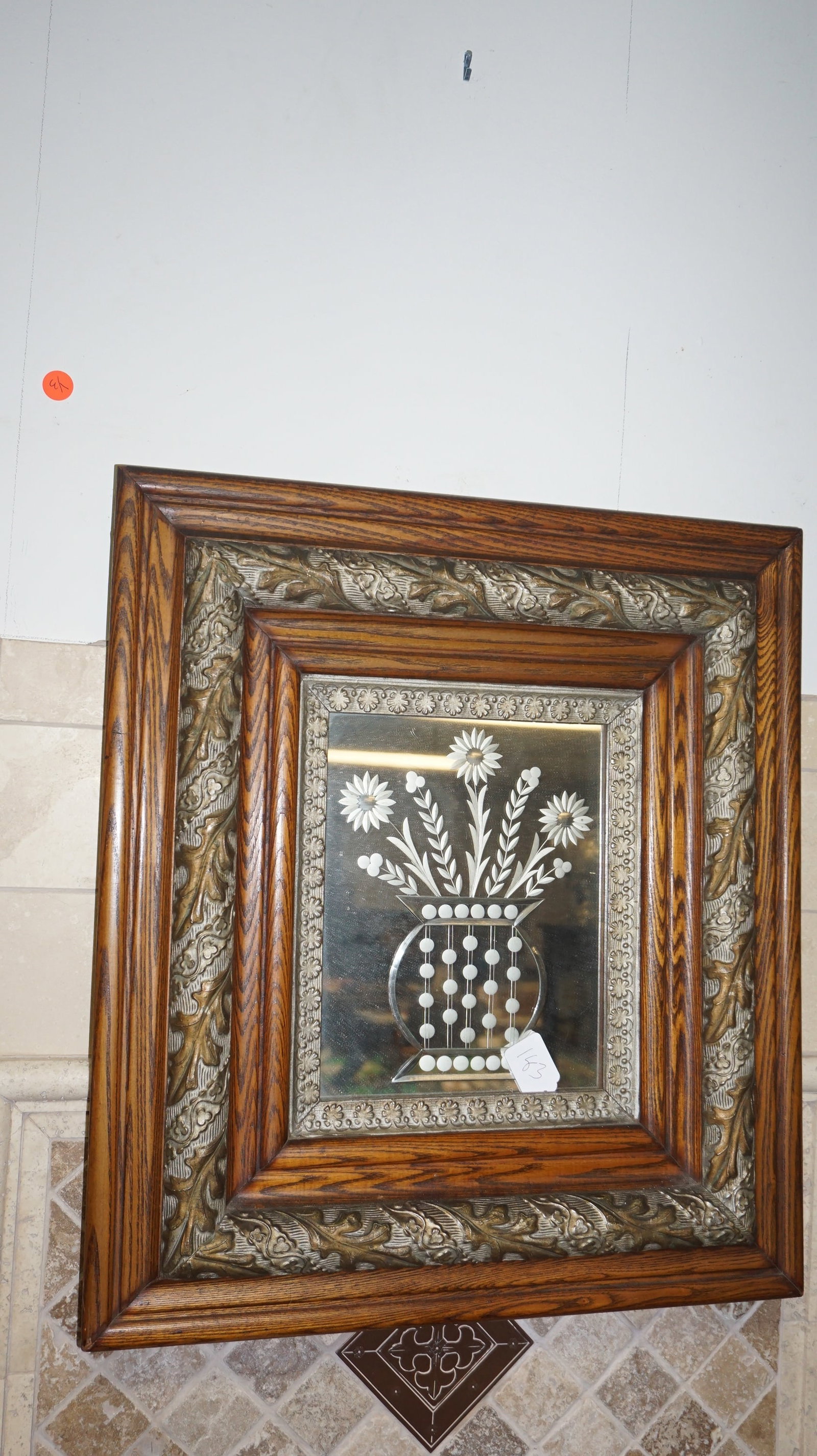 Antique Oak Etched Glass Venetian Style Mirror: Antique Oak Etched Glass Venetian Style Mirror Measures: 18.5" x 21"