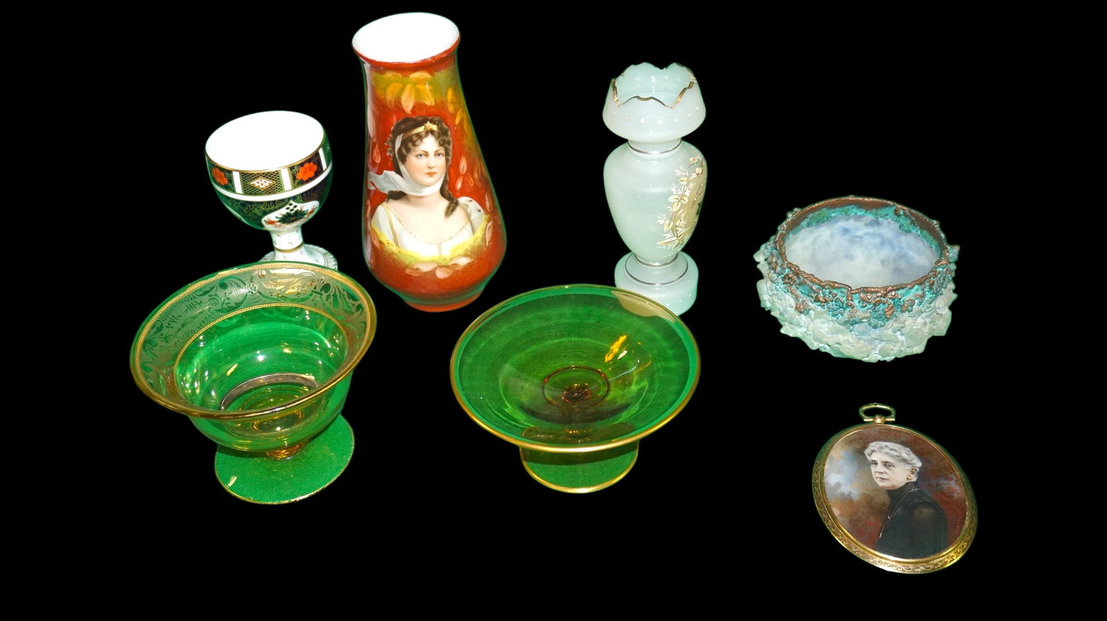 Miscellaneous lot of Depression Glass, Chalice & mini oval Portrait: Miscellaneous lot of Depression glass, Royal Crown Darby Chalice and Turn of the Century miniature Portrait. Each item in the collection carries its own story and we invite you to explore the beauty o