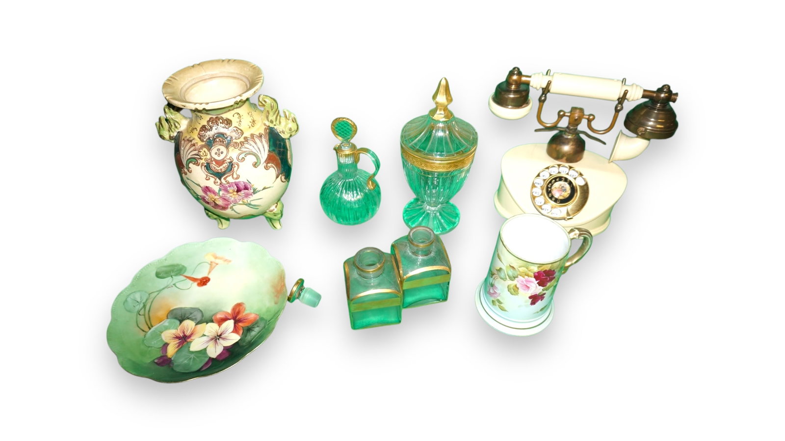 Assorted Lot of Antique French Photo, Satsuma Vase, depression Glass: Assorted Lot of Antique French Photo, Satsuma Vase, depression Glass