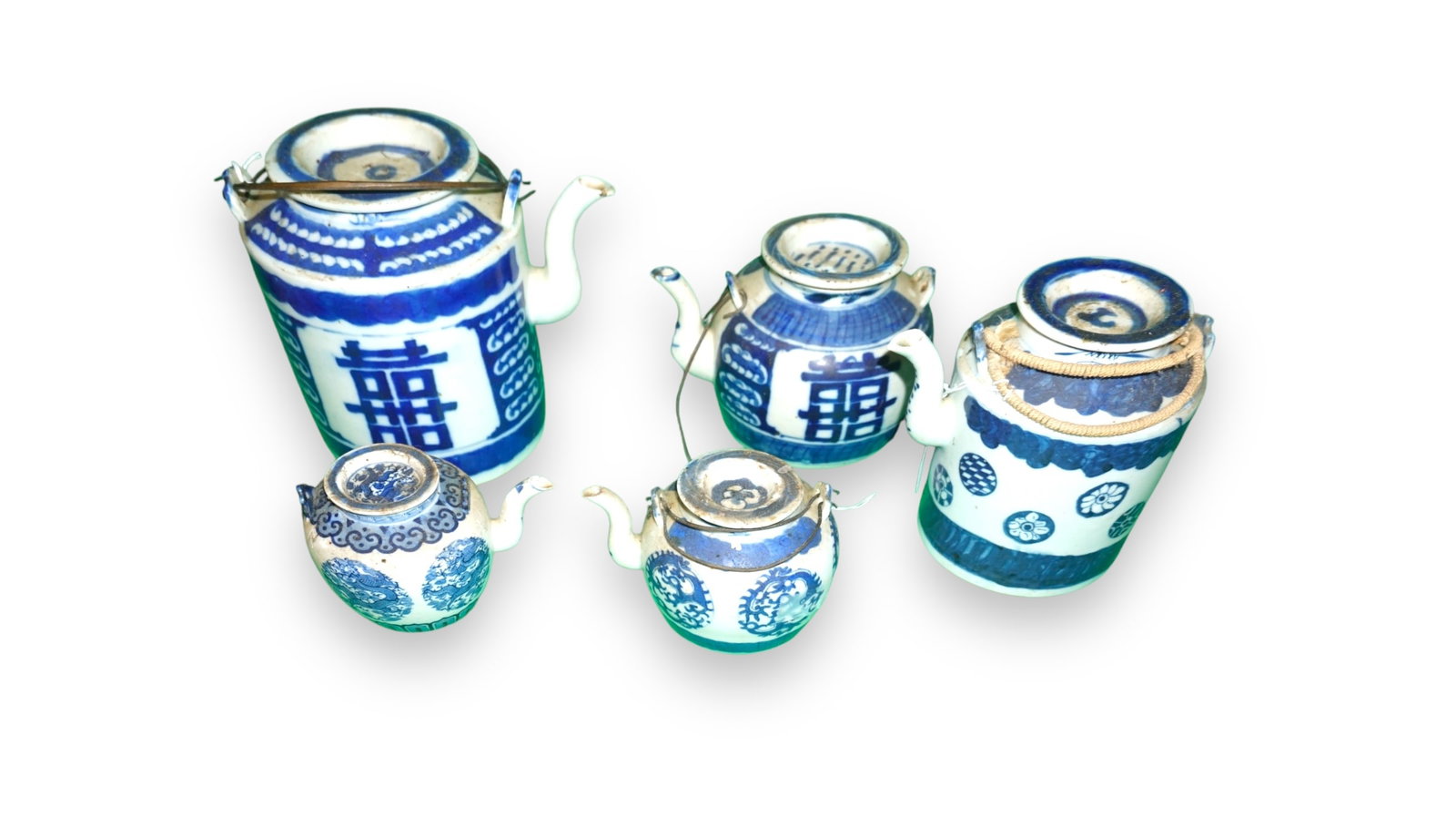 Antique Chinese Blue & White (3) Decorative HOT WATER Pots: Antique Chinese Blue & White (3) Decorative HOT WATER Pots