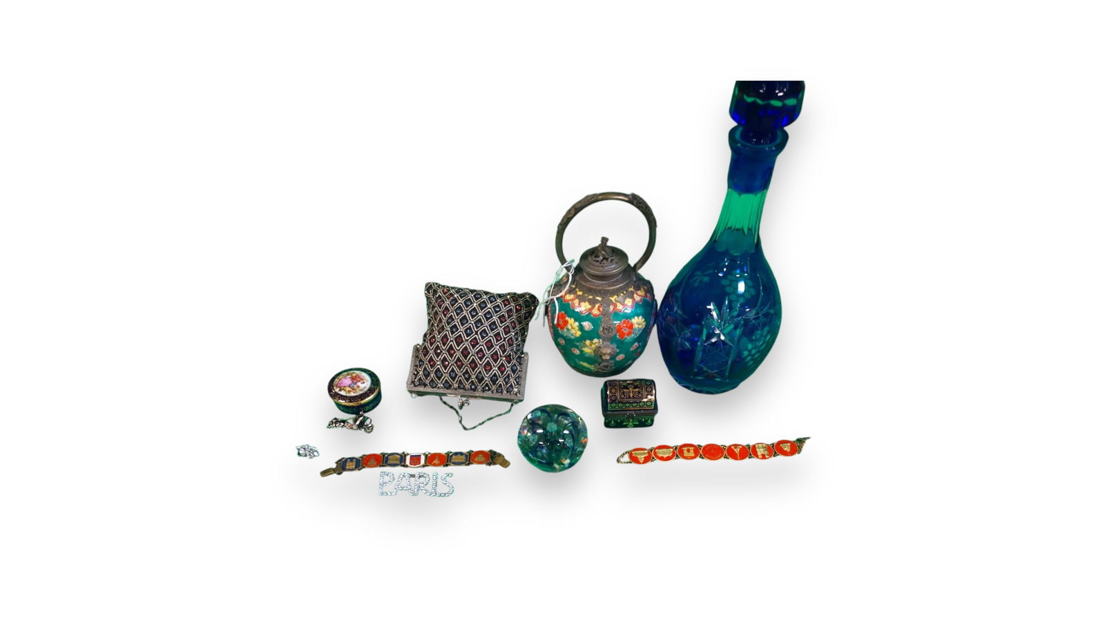 Cobalt Blue Cut Glass Decanter, Decorative metal & porcelain covered Jar & Paper weight (1 of 3)