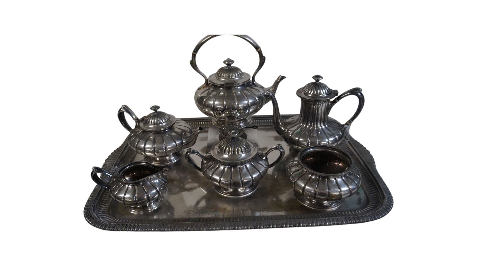 Tiffany makers Silver Soldered  7 piece Tea Set Monogramed tray, Swinging Tea Kettle, tea Pot, (1 of 8)