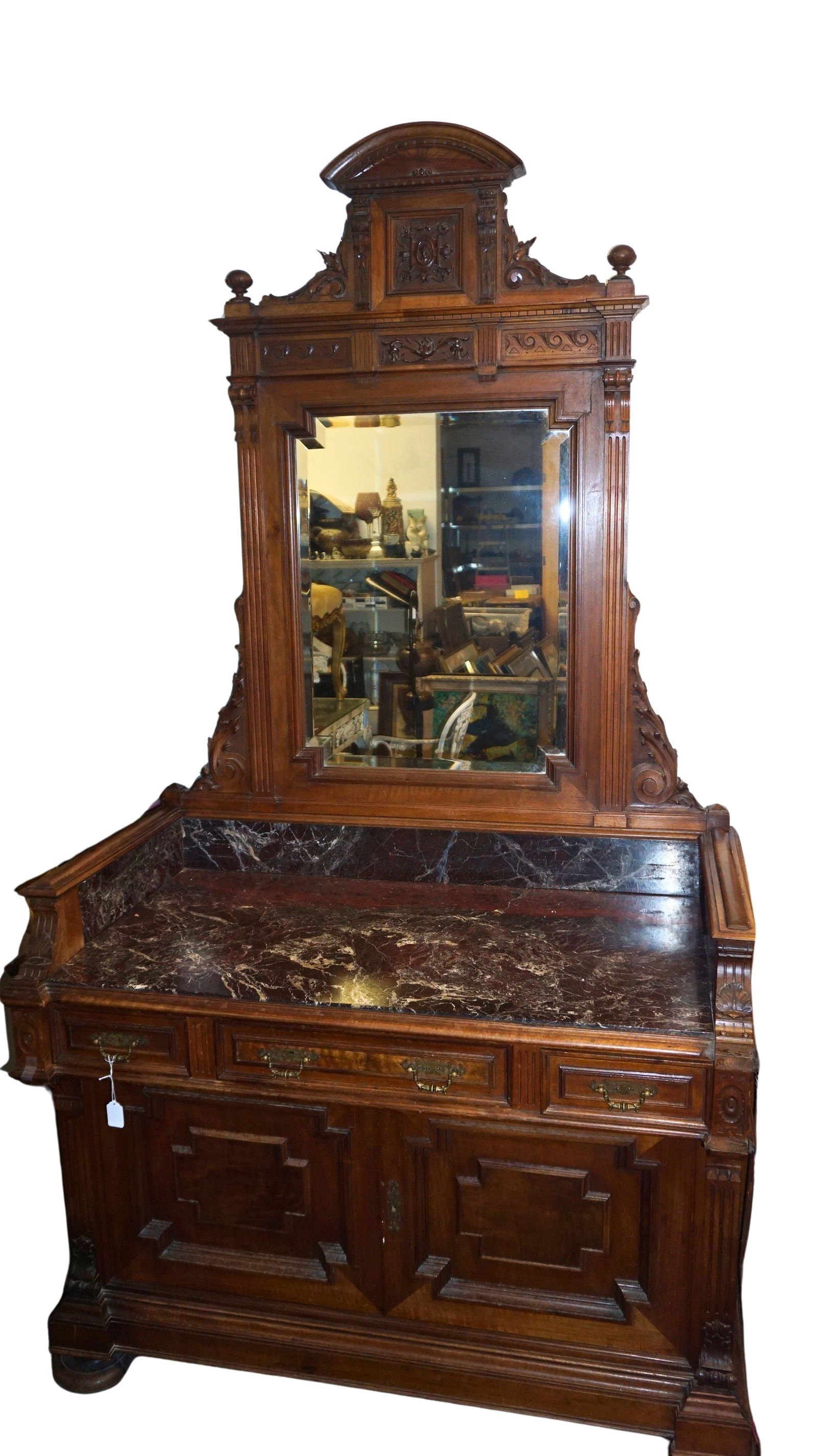 Victorian Marble-Top Dresser w/ Mirror: Victorian Renaissance Revival dresser with brown marble top and tall carved walnut mirror. Features paneled drawers, ornate crest, and original beveled glass. A bold 19th-century bedroom statement pie