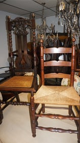 Pair Antique Chairs: Carved & Ladder-Back