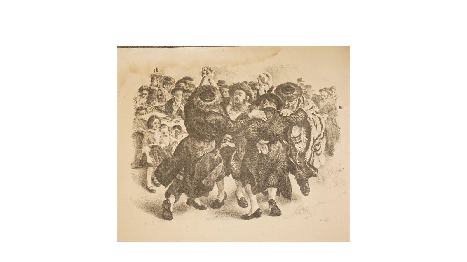 Holz Rabbis Dancing Lithograph: Pencil-signed lithograph by Holz showing rabbis dancing, with lively figures and expressive line work.