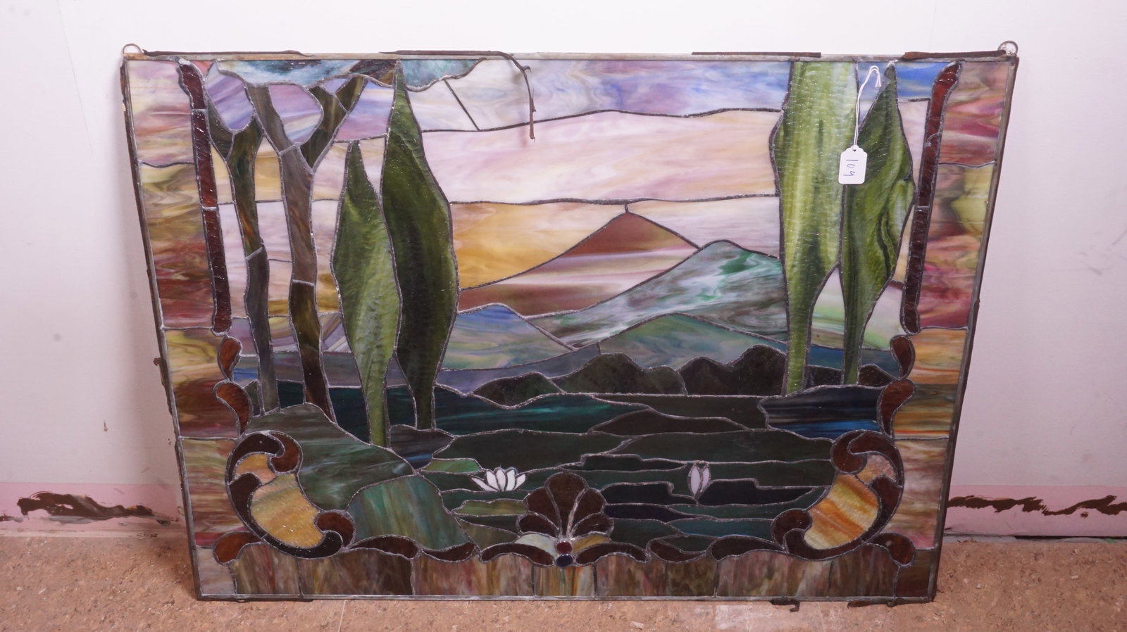 Antique Stained Glass Window: Antique stained glass landscape scene, no frame. Beautiful colored glass with leaded construction.