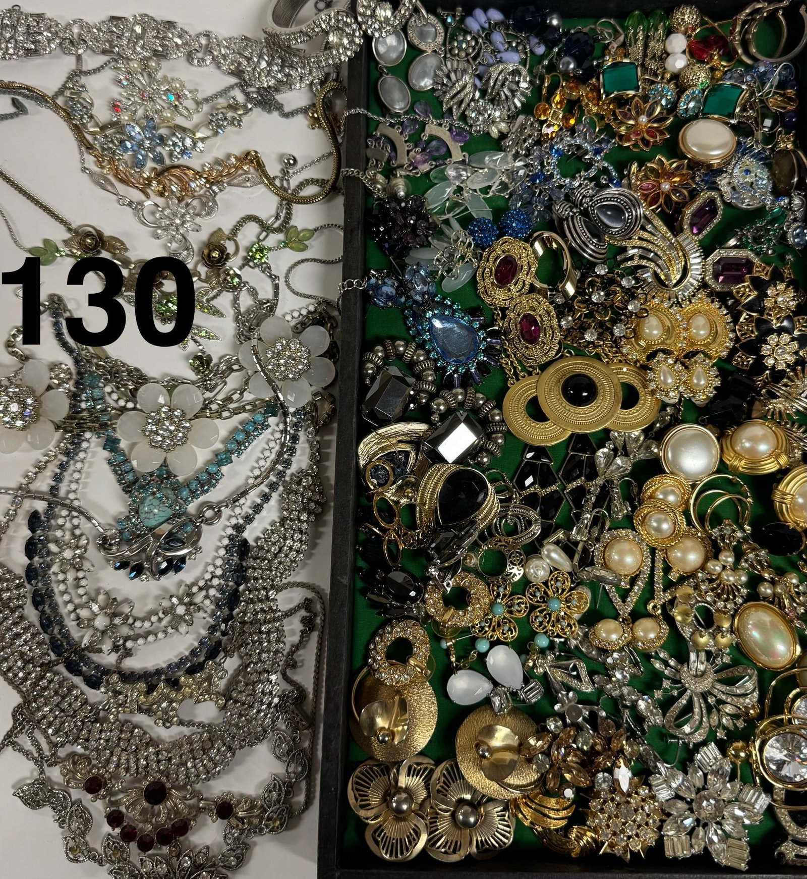 Vintage Glam Rhinestone & Pearl Mixed Lot: Large lot of vintage-inspired earrings and neckalaces featuring rhinestones, faux pearls, gold & silver tone metals. All earrings are pairs!
