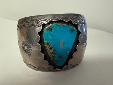 Large Sterling Silver Cuff with large Center turqoise Stone