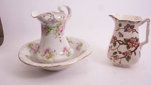 2 Victorian Water Pitchers & Bowl