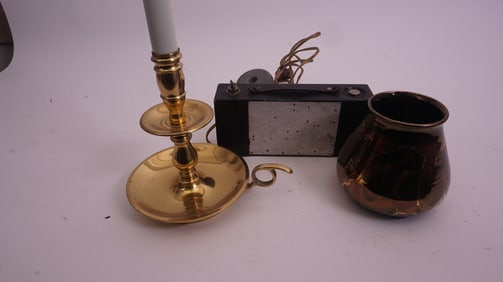 Art Pottery, Camera & Brass Stick Lot