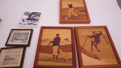 Artwork incl. Mid-Century Sportsman wood  mosaics