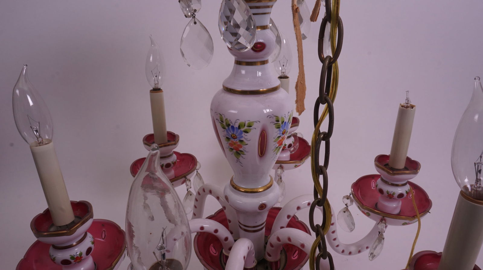 Royal Bohemian Glass 6-Arm Chandelier: Royal Bohemian art glass 6-arm chandelier with elegant colored glass components. Attractive restoration or display piece. Please review photos.