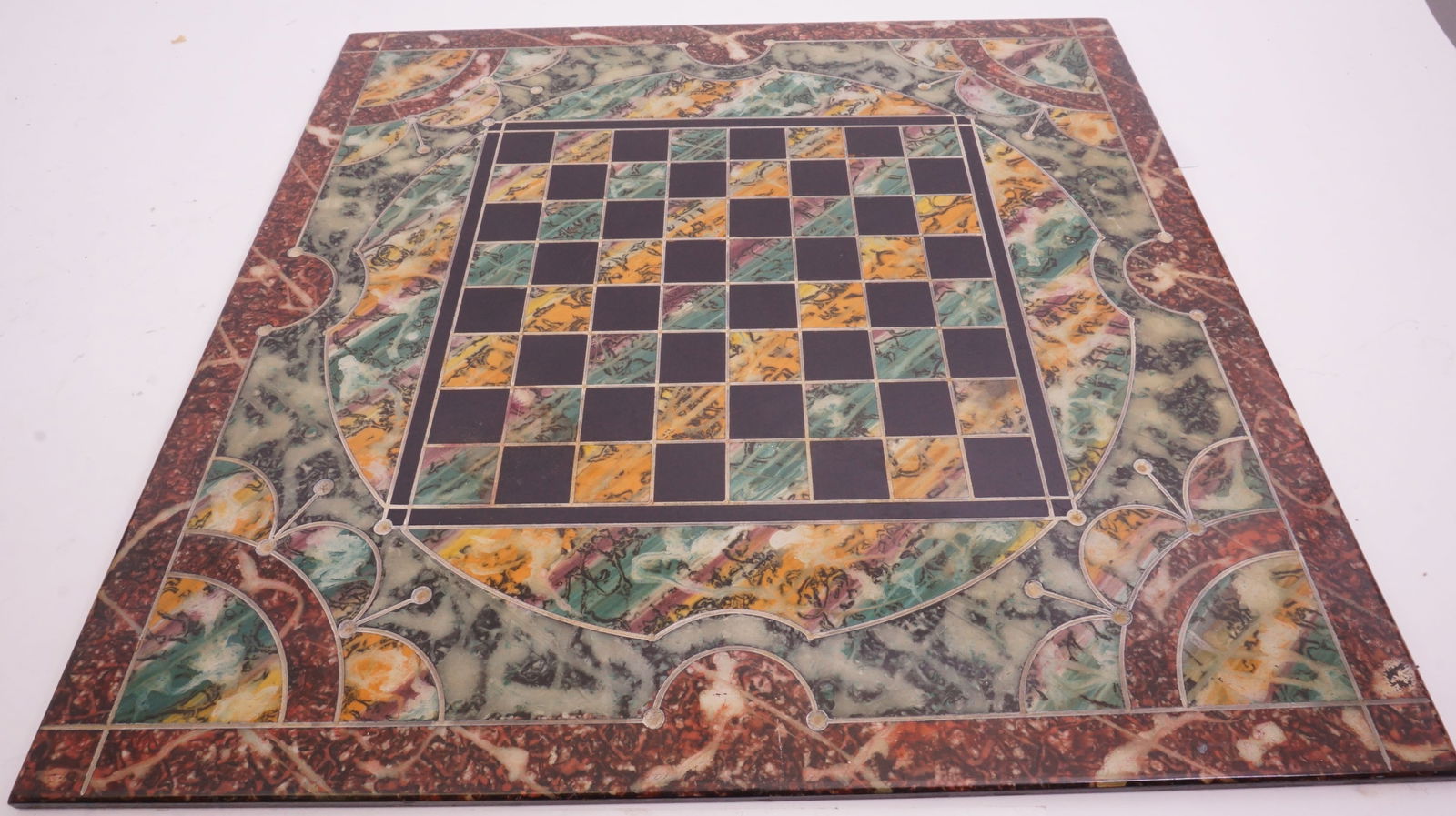 Semi-Precious Stone Inlaid Chessboard: Outstanding mosaic chessboard inlaid with semi-precious stone. Measures 21" × 21".