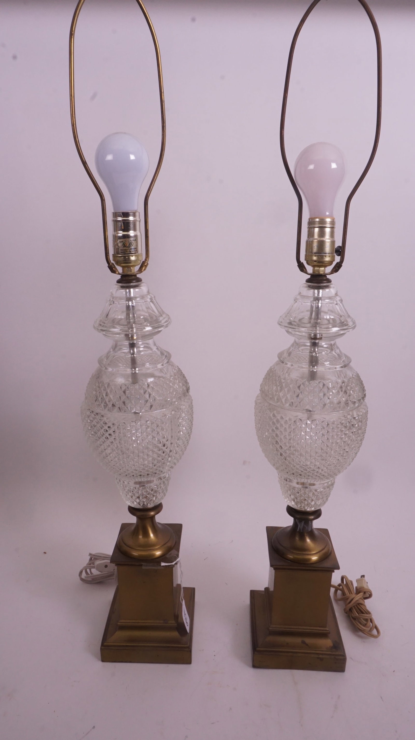 Pair of Cut Crystal Lamps: Pair of tall cut crystal lamps, 35" high. Elegant classical style.