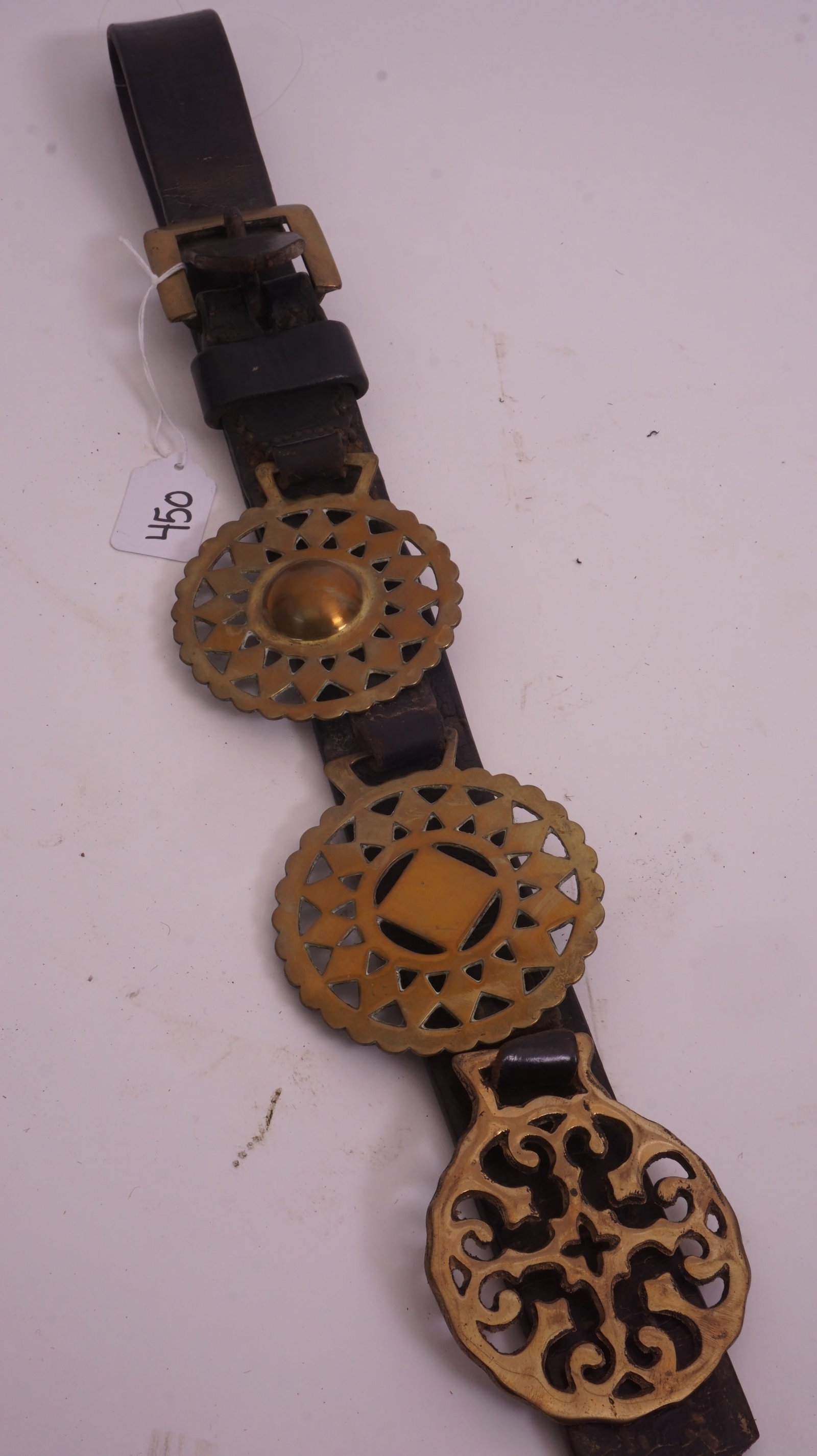 Antique Brass Chinese Hanging Ornament: Antique Chinese brass hanging decorative ornament with intricate pierced and cast details.