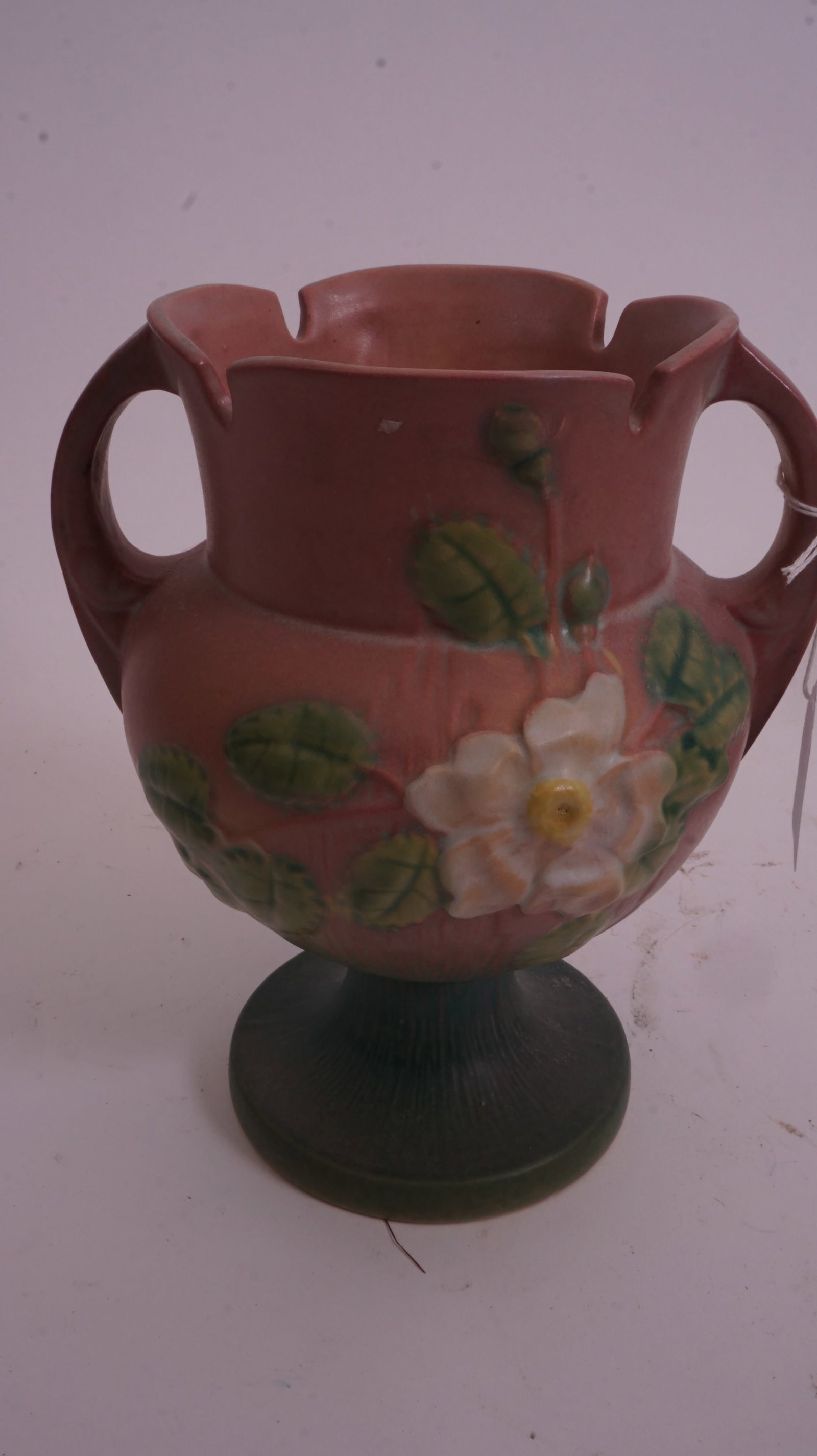 Roseville – Double-Handled Vase (8"): Roseville Pottery double-handled vase approximately 8 inches high, combining Water Lily and White Rose style motifs.