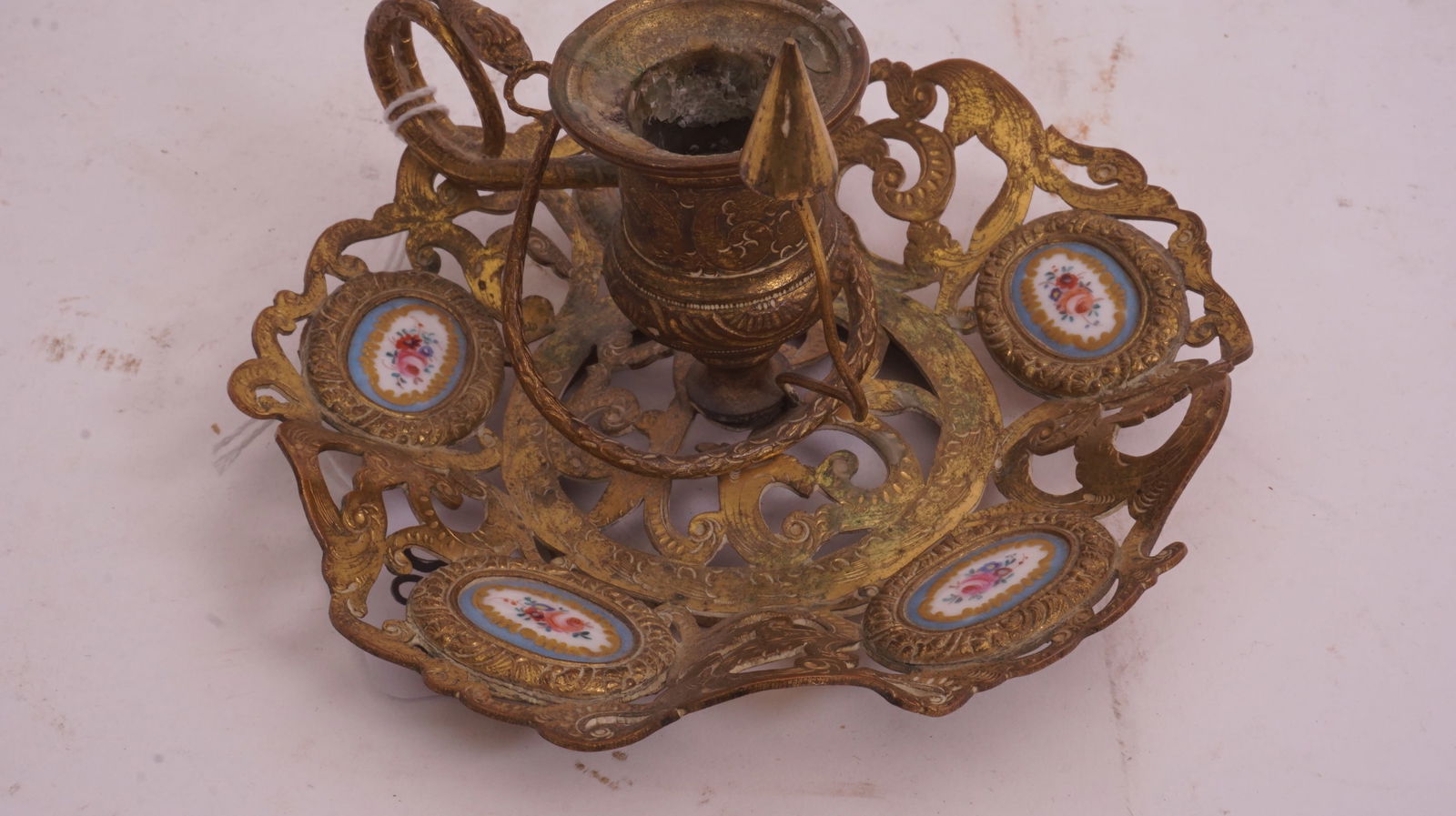 French Bronze Chamberstick: French bronze chamberstick w/ porcelain plaques.