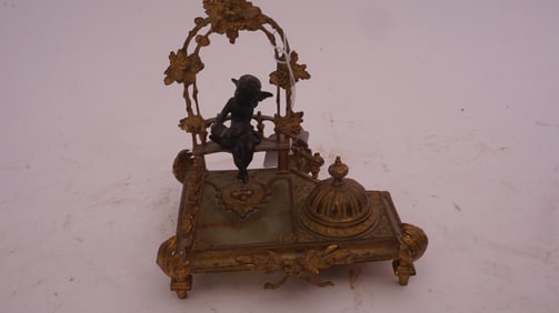 French Bronze Doré and onyx figural Inkwell