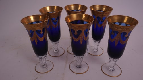 Set of 6 Cobalt Gold Gilt Wine Glasses