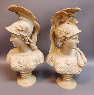 antique roman warrior bust sculptures: male and female, each measures 14" ht x 8.50" , excellent condition