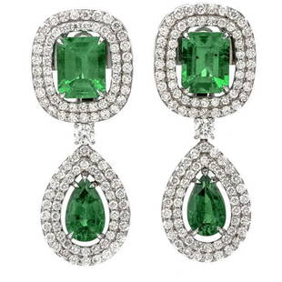 18.08 Carats Diamond Colombian Emerald 18K Gold Halo Drop Earrings: There are four genuine very fine Colombian emeralds of rectangle cut and pear cut, prong set, totaling approximately 12.27 carats. Encompassing the intensely green emeralds are double halos composed o