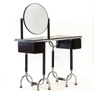 Roberto Gabetti and Aimaro Isola "Tri" vanity: Roberto Gabetti and Aimaro Isola "Tri" Art Deco revival vanity table, ARBO, Italy, c. 1970, glass, chromed steel, wood