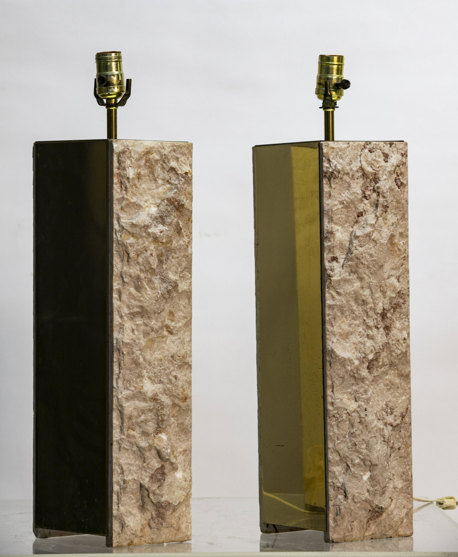 Pair of Mid-century table lamps, travertine & brass (1 of 1)