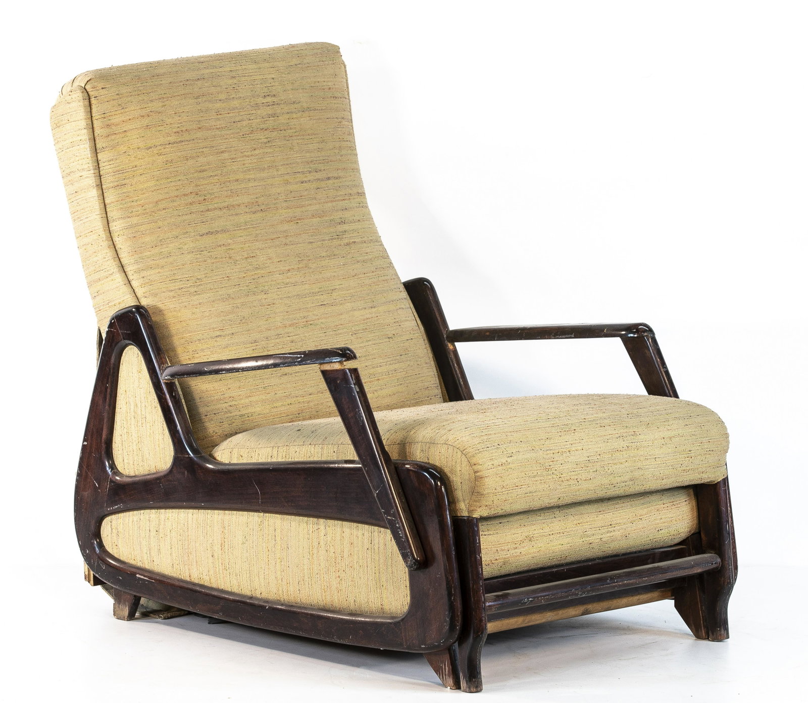 Vladimir Kagan Style Lounge Chair, possibly Italian: Cool. Wood frame, upholstered seat. 17" x 19" x 29"h