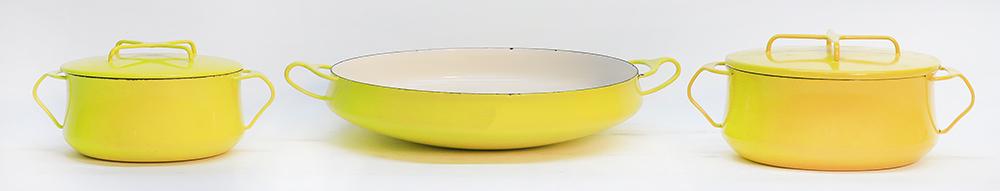 Jens Quistgaard Yellow Enamel Cookware: Jens Quistgaard Yellow Enamel Cookware 3"H x 17"W x 14"D