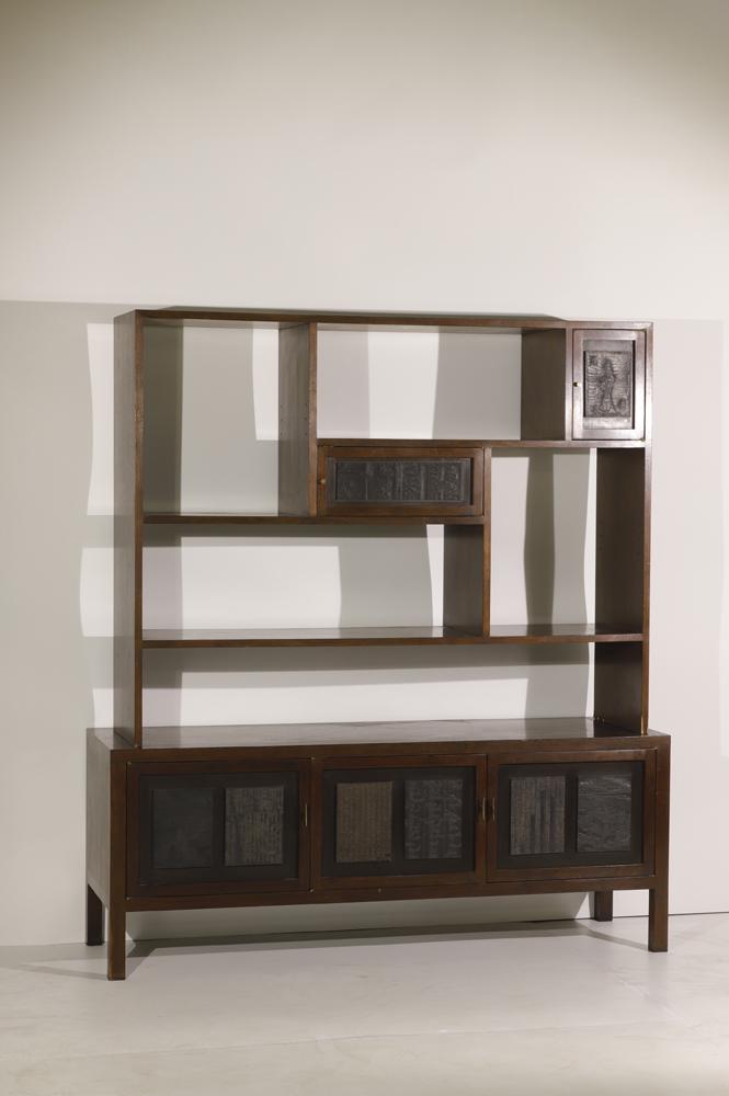 Edward Wormley for Dunbar Print Block Cabinet: Edward Wormley for Dunbar Printing Block Cabinet, walnut, two pieces, original finish, removable upper cabinet, as shown: 67"h x 60"w x 18"d, lower cabinet is 23.5"h