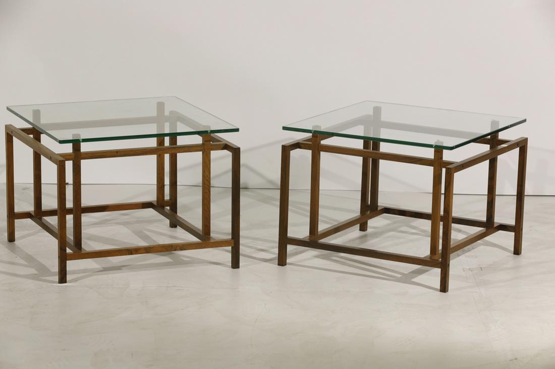 Henning Norgaard for Komfort Tables Pair: Rosewood and glass, 15"h x 19.5"square